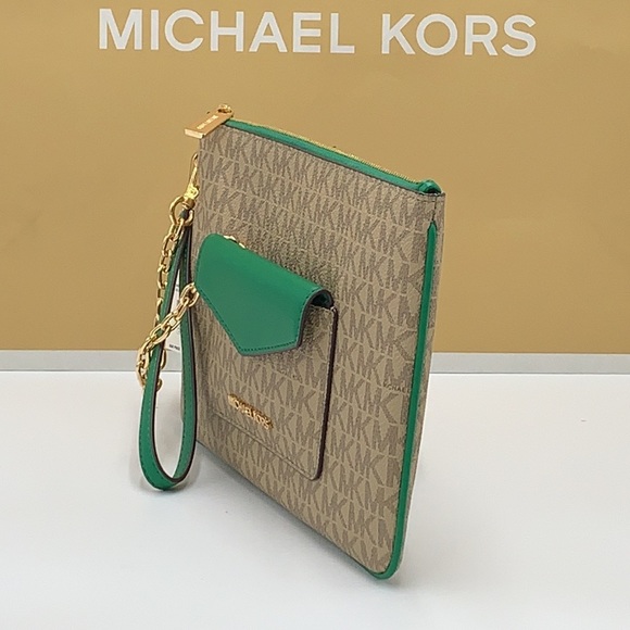 Michael Kors Jet Set LG 2 in 1 card case wristlet Wallet PALMETTO GREEN SIGNATUR - Picture 6 of 16